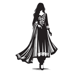 Flowing Salwar Kameez silhouette, designed for graceful movement – Salwar Kameez illustration – Minimalist Salwar Kameez vector – Ladies dress silhouette

