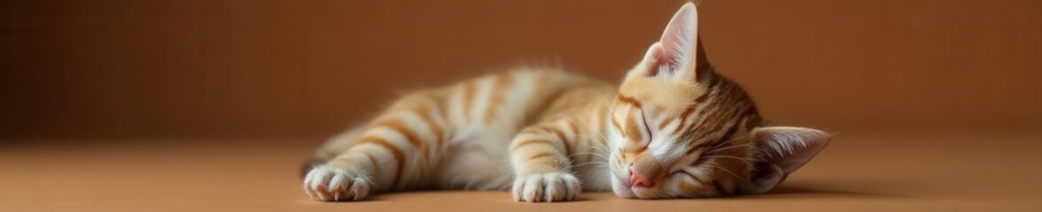 Tiny kitten curled in peaceful slumber, brown backdrop, background, brown background, cat