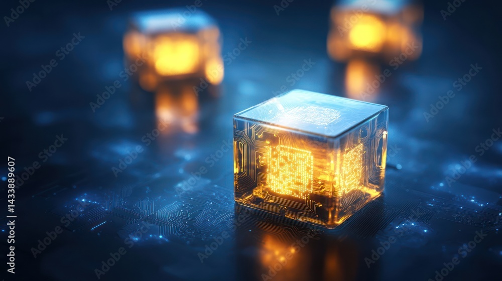 Poster glowing cube, chip inside, tech concept. background is blurred. for stock usage