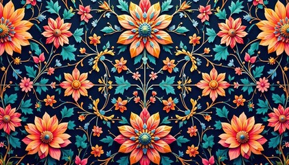 Intricate floral textile design, repeating motif, elegant, textile design, floral
