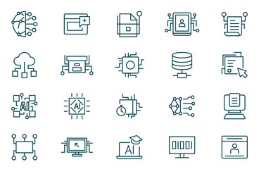 Digitalisation web icons. Digital technology icons such as cloud computing, artificial intelligence, mobile