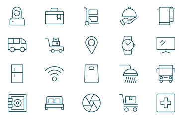 Hotel line icons set. Rental property icons. Set of hotel booking, five-star hotel, service line vector web icon. Editable stroke outline icon.