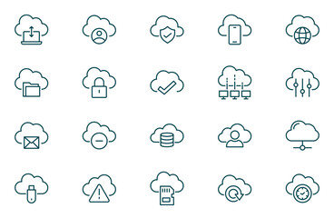 Cloud Computing - thin line vector icon set. Pixel perfect. Editable stroke. The set contains icons: Cloud Computing, Data Analyzing, Data Center, Internet of Things.
