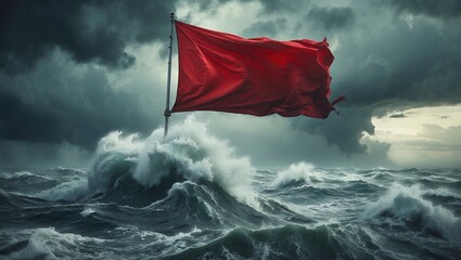 Crimson flag waves amidst tempestuous stormy seas