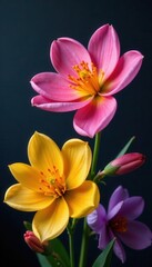 Fototapeta premium Vibrant blooms, diverse petals, dark backdrop, garden, isolated, dark background