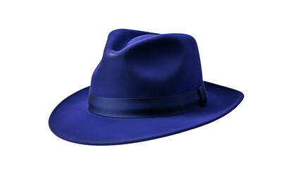 A single blue fedora hat with a dark band around it is on a plain transparent background in a studio shot png