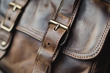 Close-up view of  brown leather messenger bag straps and buckles.