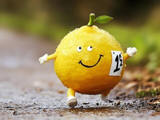 A lively lemon participates in a marathon, proudly displaying a numbered bib, showcasing the fun and creativity of the event.