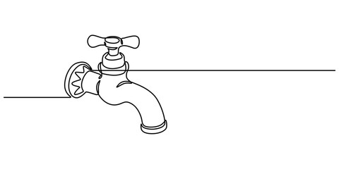 Water tap with flowing water in one line art style. Minimalist illustration for plumbing, water conservation, and environmental topics, Continuous one line drawing of water faucet. One line drawing.