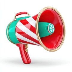 Vintage Style Red And White Striped Megaphone With Teal Accents On White