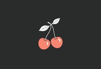Stylized Cherry Duo with White Leaves on Dark Background