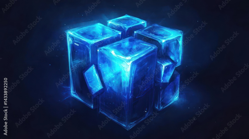 Poster floating ice cube is shimmering with bright light effect, abstract graphic for design