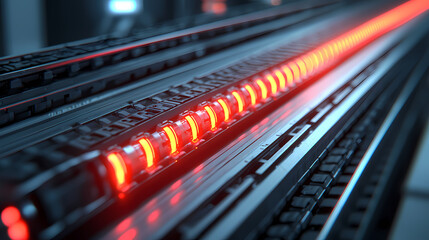 A close-up view of sleek, illuminated elements with glowing red lights, showcasing a futuristic or technological design.