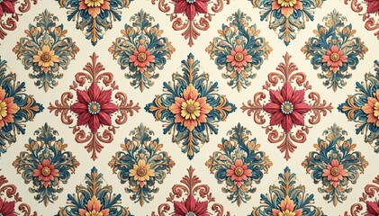 Intricate floral damask pattern in muted tones, ornate, repeat