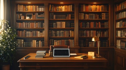 Laptop on library desk, bookshelves, study
