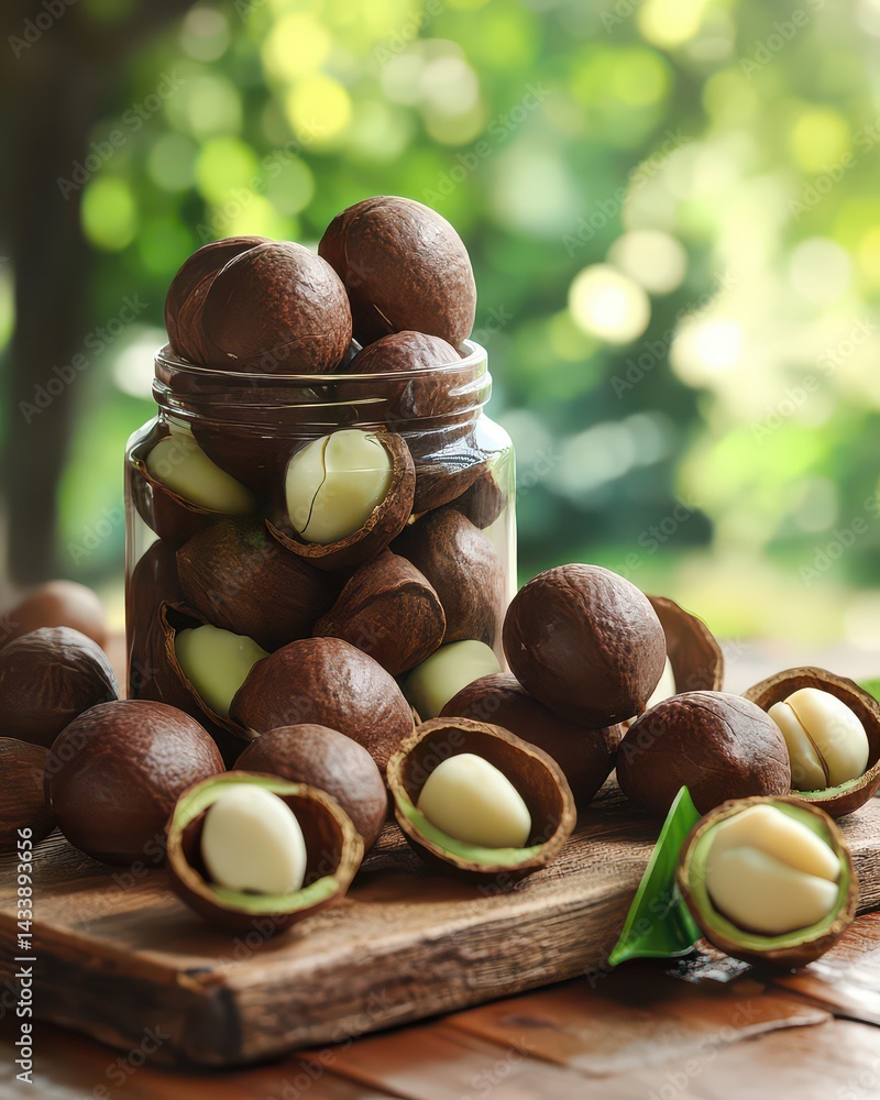 Poster fresh macadamia nuts in a jar on a wooden table with greenery in the background