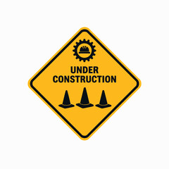 Fototapeta premium Yellow under construction sign with cones and gear icon
