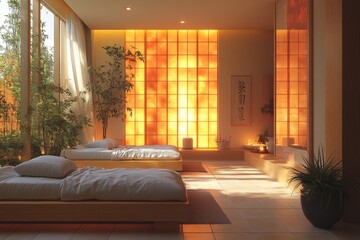 Serene spa room, sunlight, bamboo, relaxation