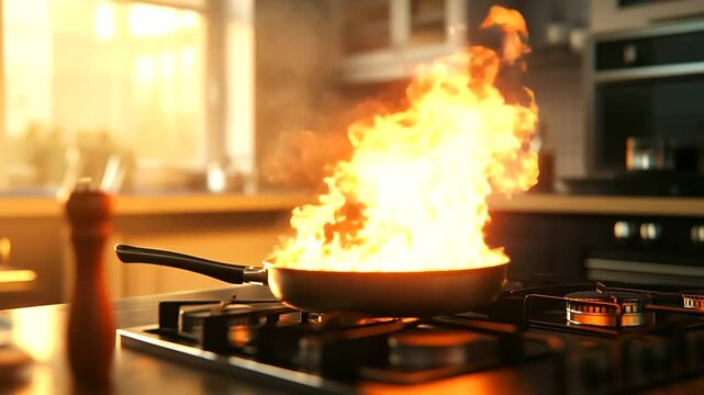 Flames erupt from a skillet in a brightly lit kitchen, catching a dishtowel on fire and filling the room with smoke. A stark reminder of how quickly accidents happen in ordinary mo
