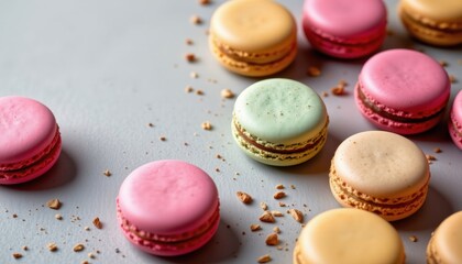 Obraz premium Tempting Macarons in the cozy corner on a light gray background, in a clean food photography style, with studio glow radiance, spacious layout, high resolution, everything in sharp focus, no blur