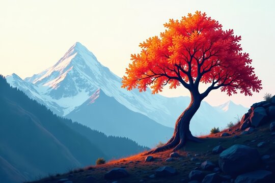 Abstract tree design on a tilted mountain backdrop, silhouette, abstract, landscape