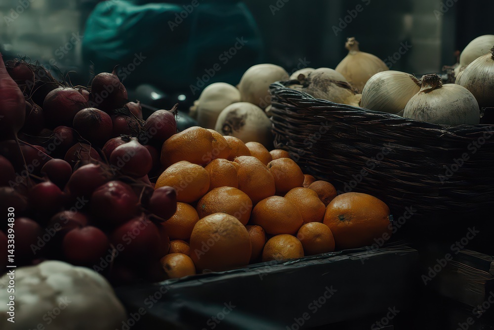 Poster fresh produce displayed in a rustic market setting with various fruits and vegetables