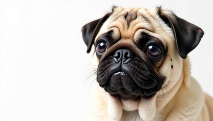 Obraz premium Close-up of a single pug, pure white backdrop, face, domestic