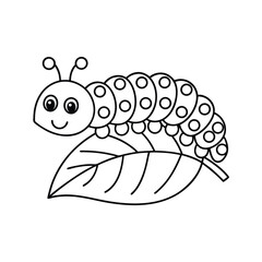 Cute caterpillar on leaf outline illustration for kids coloring book or educational material