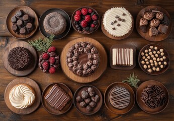 Fototapeta premium Assorted Chocolate Desserts and Treats on Wooden Plates with Fresh Berries on Rustic Background