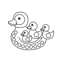 Simple black and white outline of a duck with ducklings for coloring books