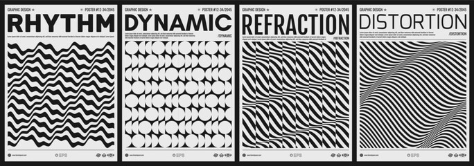 3D wavy pattern with optical illusion. Glitch abstract background. Wavy pattern with optical illusion. Abstract striped background. Black and white cover design template. Vector for brochure or flyer.