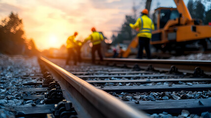 Construction Workers On Railroad Tracks At Sunset
