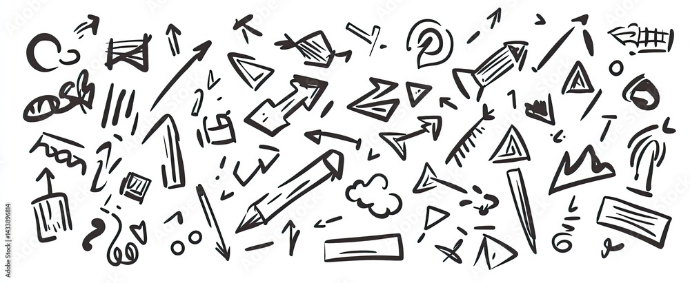 Poster hand-drawn arrows and abstract shapes in black ink, scattered across a white background. various dir