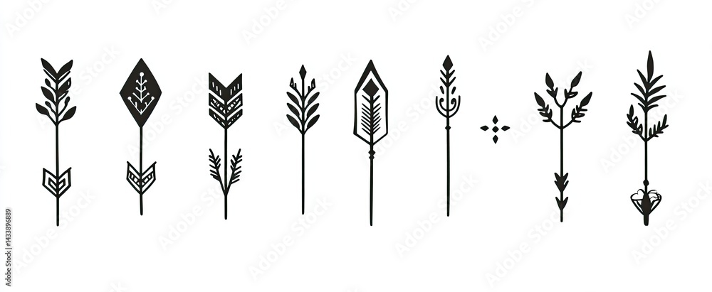 Poster Collection of stylized arrows with varying decorative elements. Each arrow features unique geometric and floral patterns at the head and fletching