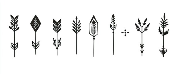 Collection of stylized arrows with varying decorative elements. Each arrow features unique geometric and floral patterns at the head and fletching