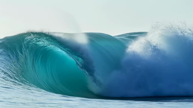 Close up of powerful ocean wave curling. Blue water cresting and breaking in slow motion. Beautiful sea or lake wave for nature, surf, or travel videos.