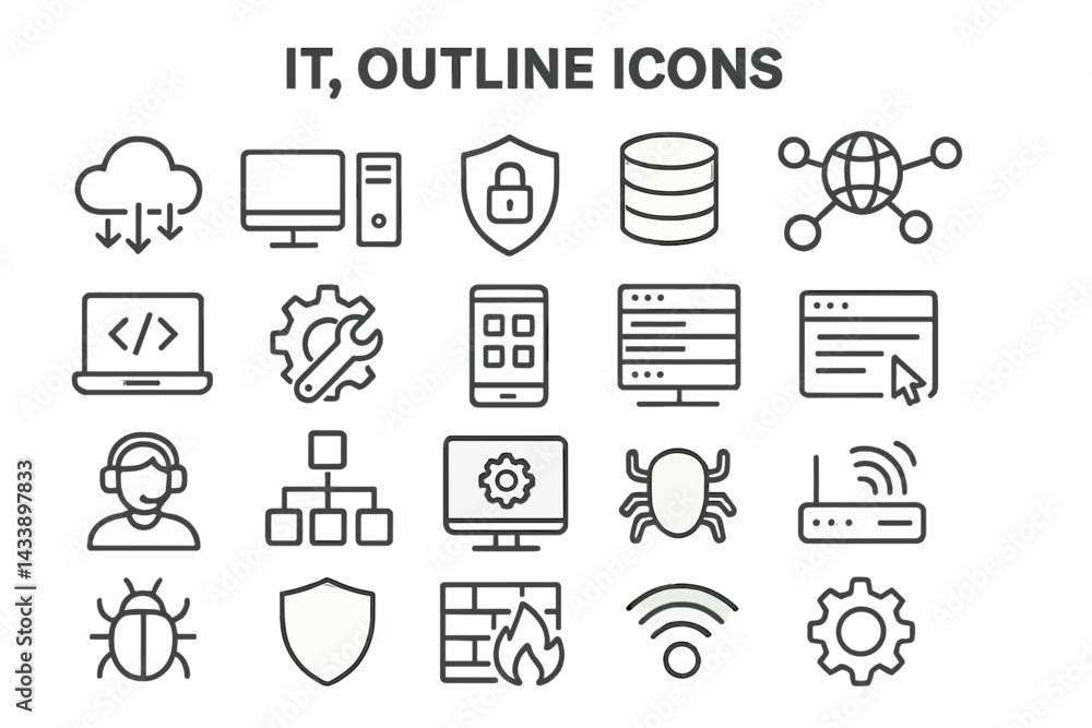 Aufkleber outline icon set showcasing various it-related symbols for digital and technology themes