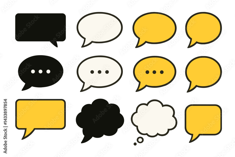 Poster icon set featuring various speech bubbles in different colors and styles for communication design