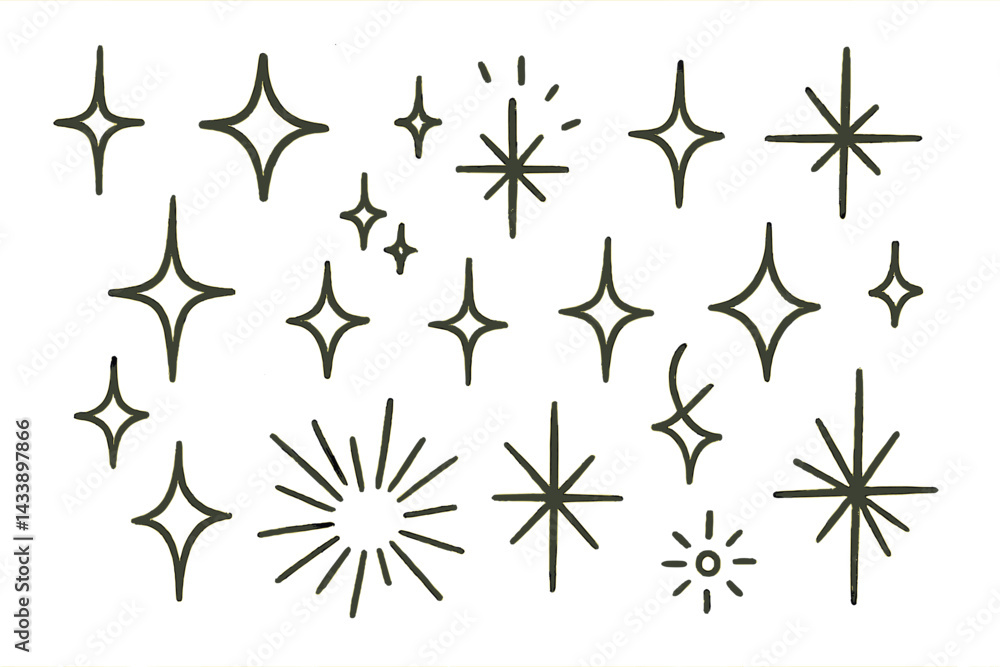 Poster sparkling icon set showcasing various star shapes and designs for creative projects and digital appl
