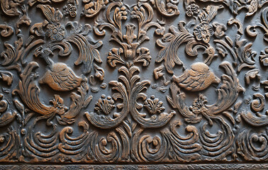 Fototapeta premium Intricate Bronze Metal Relief with Birds and Floral Patterns