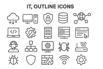 Outline icon set showcasing various IT-related symbols for digital and technology themes