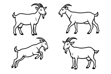 Icon set featuring four distinct goat illustrations in playful poses and varied expressions suitable for diverse graphic projects