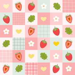 Pattern background with strawberry, leaves, flower, heart and lines on the colourful checkered background. Vector illustration strawberry pattern for background, wallpaper, wrapping and textile