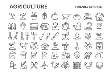 Agriculture icon set featuring diverse farming elements including tools, plants, and animals for creative projects