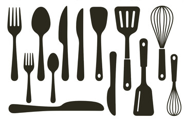 Dark icon set showcasing various kitchen utensils and tools commonly used in food preparation and cooking activities