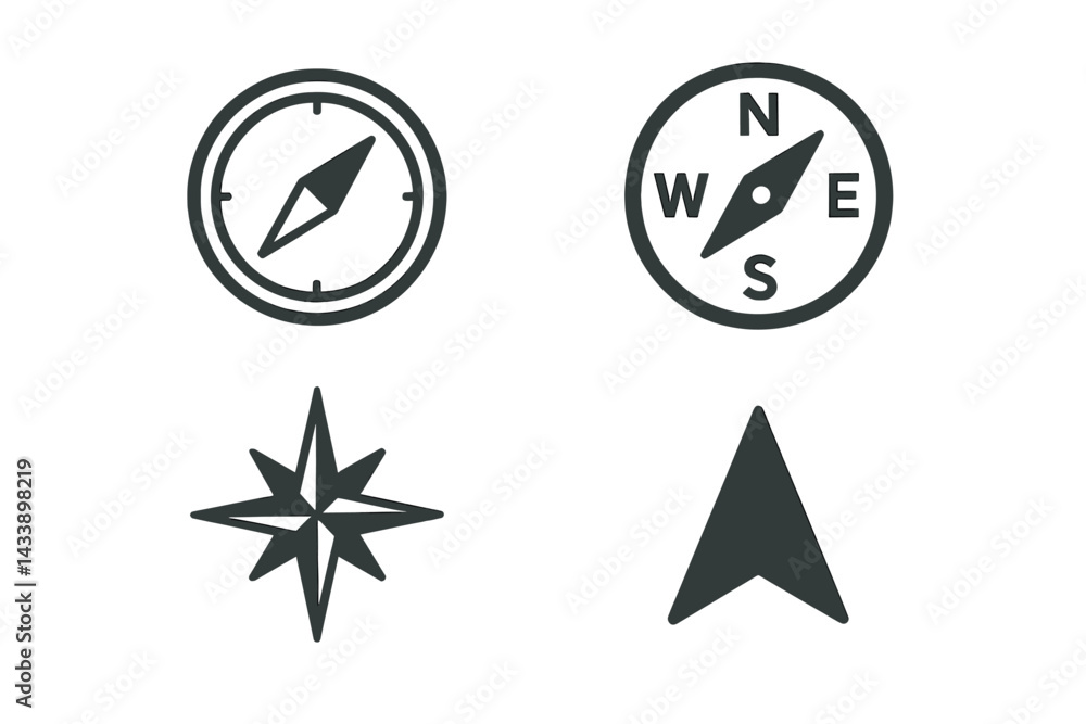 Poster icon set featuring four distinct compass designs suitable for navigation and adventure themes
