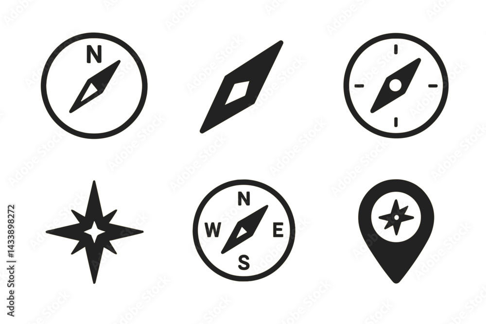 Poster collection of navigation and compass icons for digital applications and designs