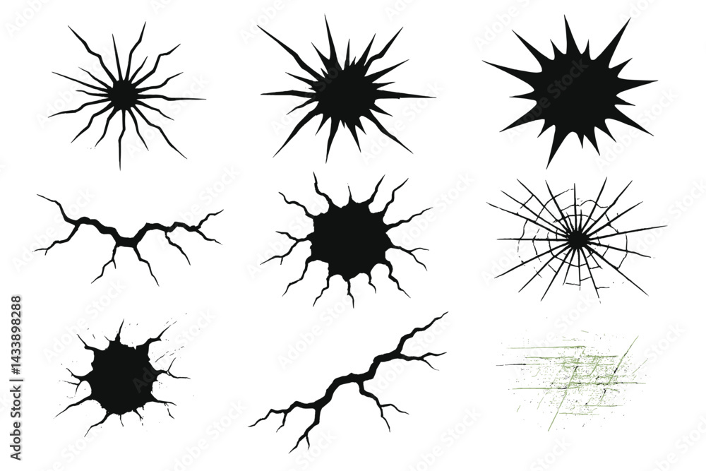 Aufkleber icon set featuring various styles of black cracks and burst designs for graphic use in artwork and d