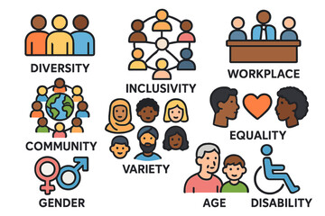 Diverse icon set representing inclusion, equality, and community values in various environments