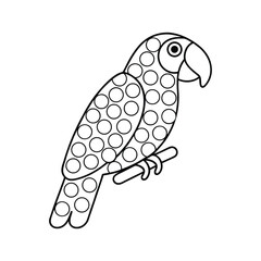 Cute parrot outline with circles perched on a branch for coloring book pages